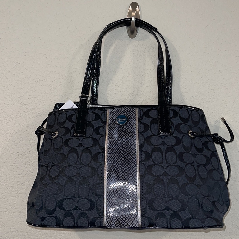 Coach Black Sig Python Stripe Carryall Shlder Bag